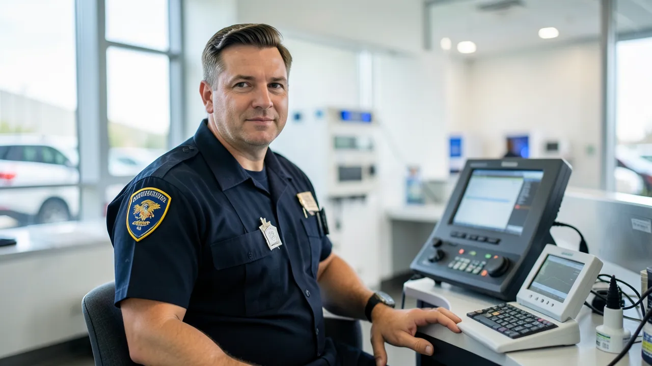 Rettungsdienstmitarbeiter arbeitet konzentriert in einem modernen Einsatzzentrum neben einer medizinischen Leitstelle, im Hintergrund sind unscharf Fahrzeuge und Ausrüstung zu erkennen.